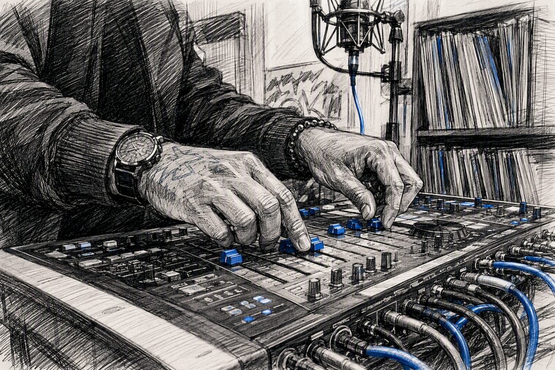 Producer adjusting audio mixer controls