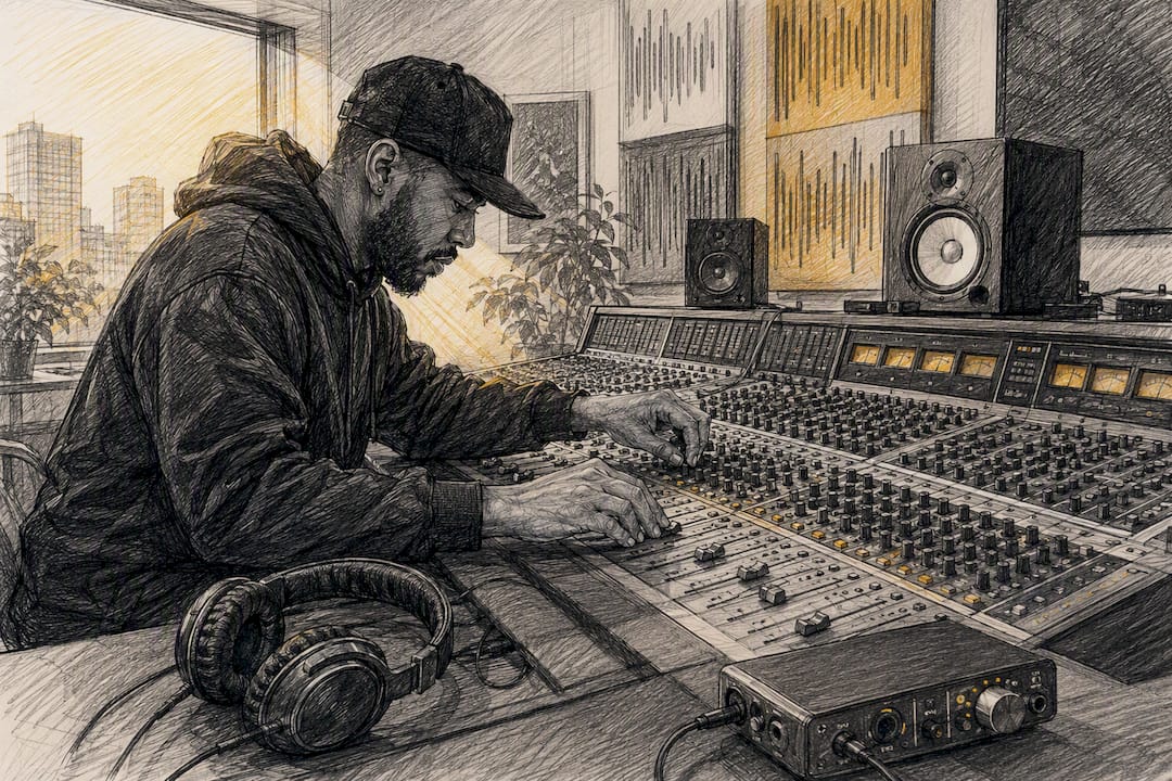 Hands adjusting mixing console controls
