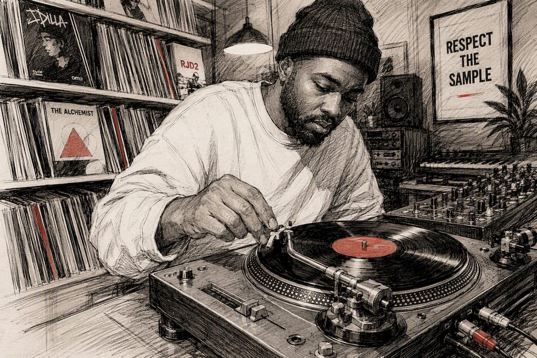 Musician setting vinyl on turntable in home studio