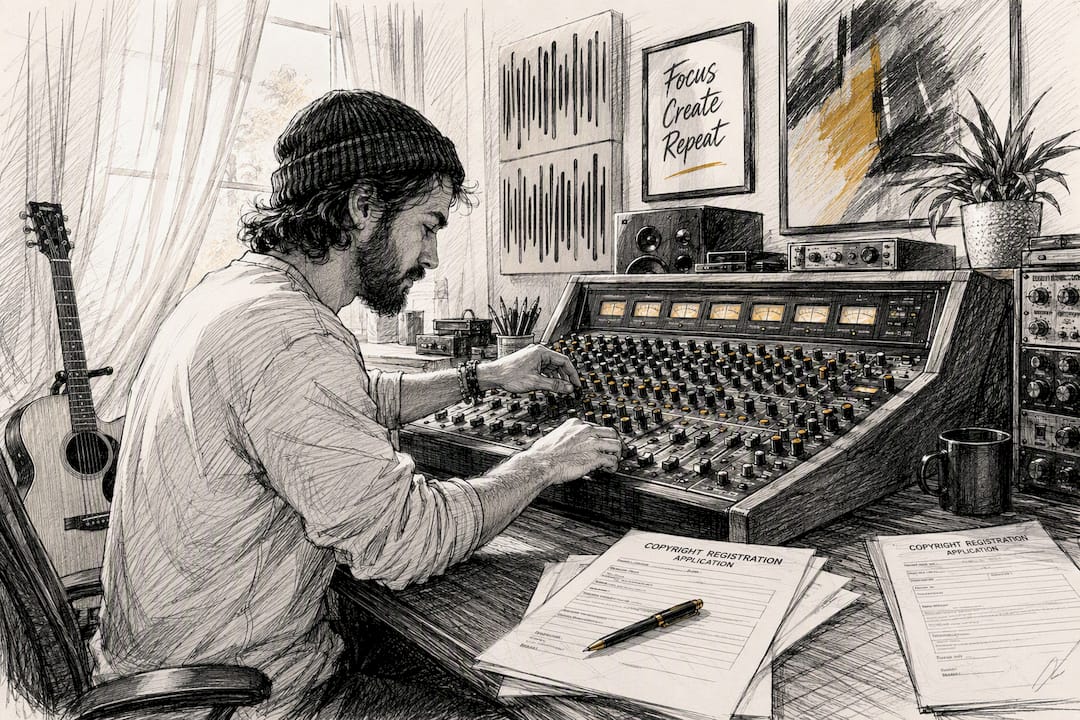 Hands adjusting music interface knobs in home studio