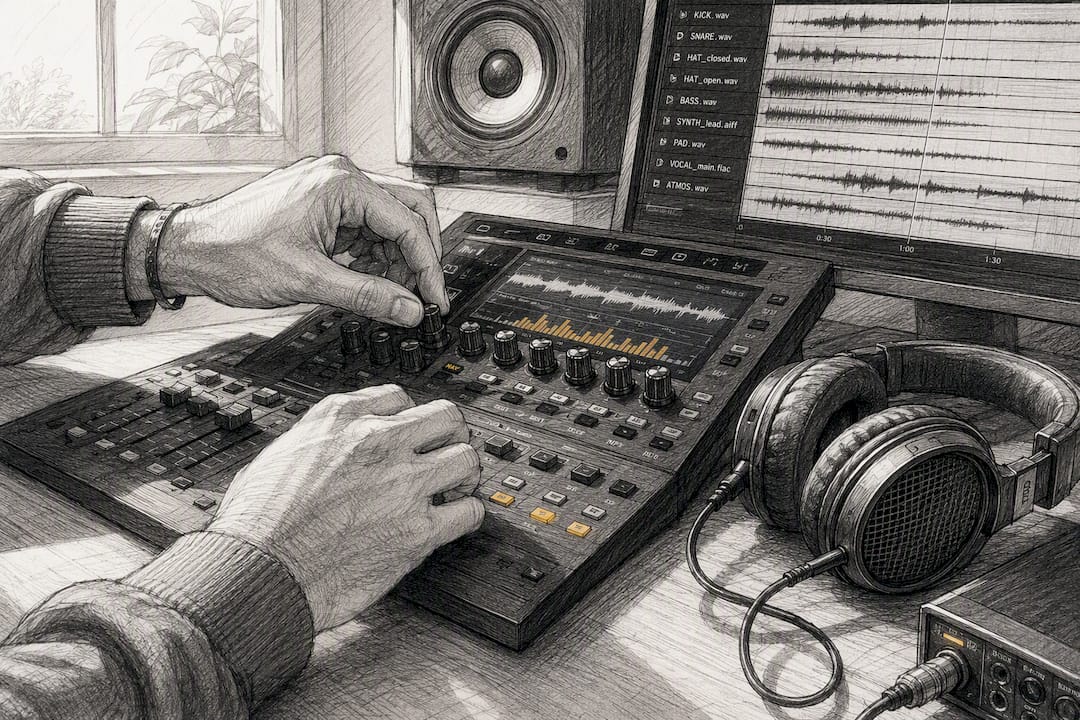 Producer hands adjusting studio audio equipment