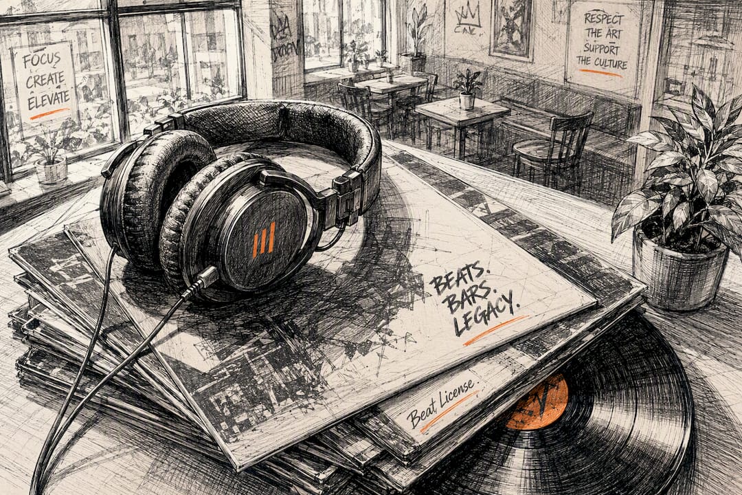 Headphones on vinyl records in studio