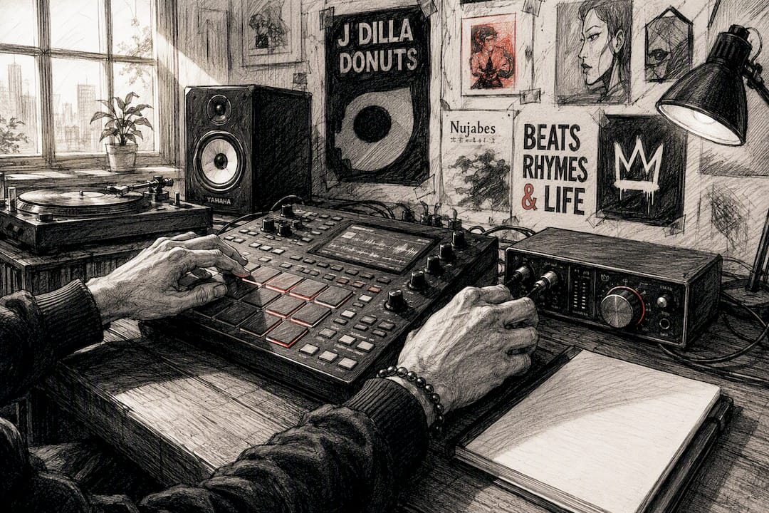 Producer selecting hip-hop beats in studio