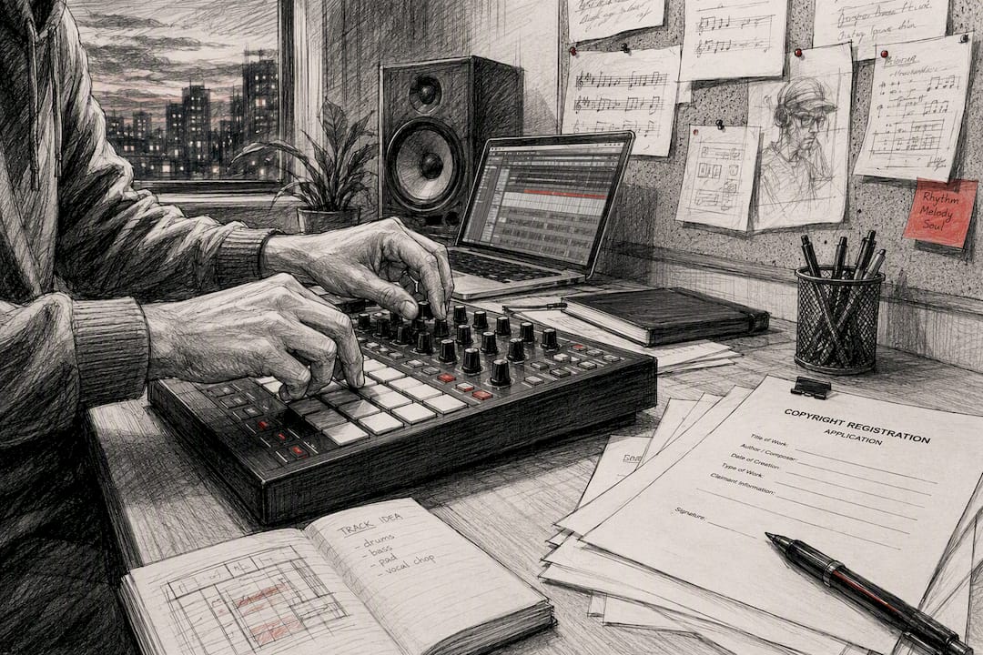 Hands adjusting MIDI controller knobs in studio