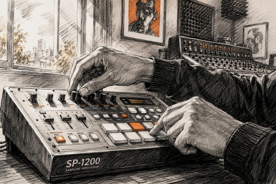 Producer hands adjusting hardware sampler