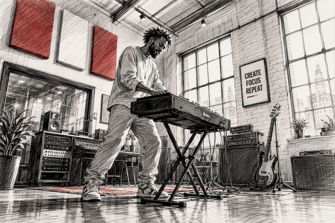 Musician playing keyboard in studio