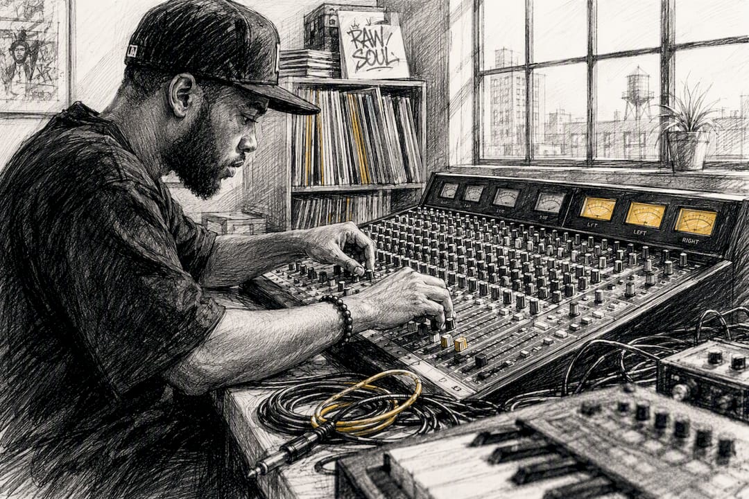 Hands adjusting mixing desk in music studio