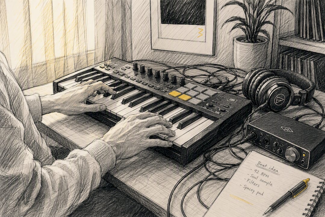 Hands on MIDI keyboard in home studio
