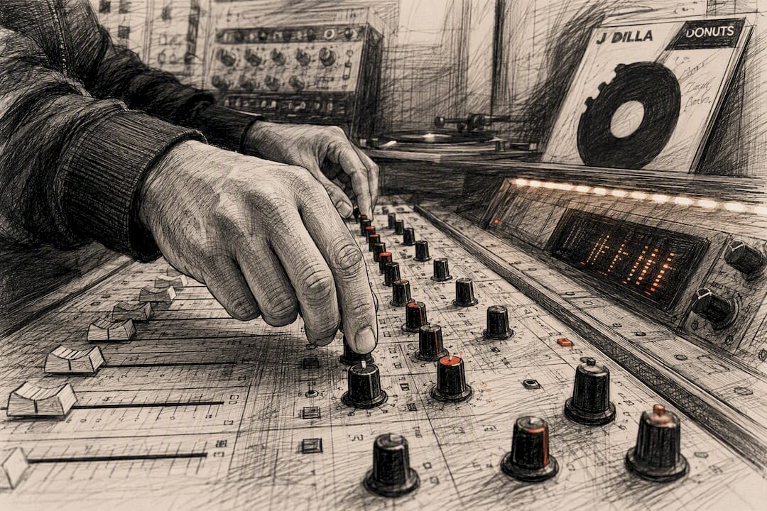 Hands adjusting audio mixer controls