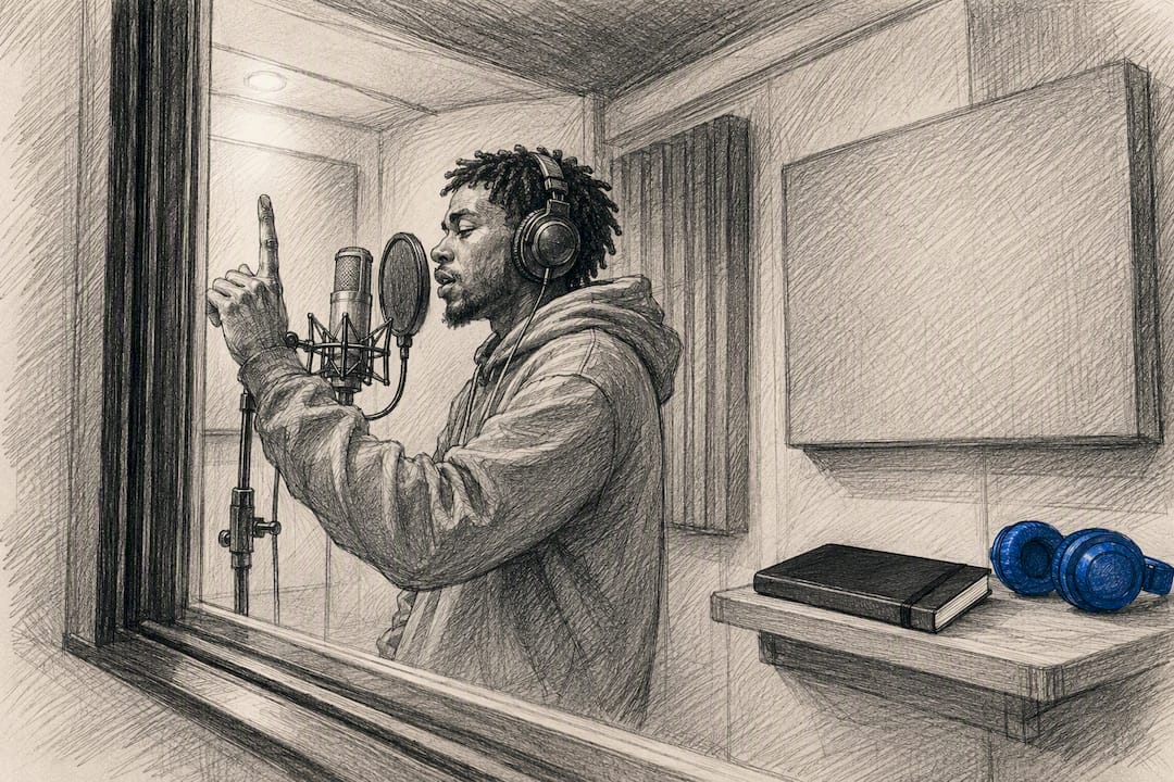 Artist recording a hook in vocal room