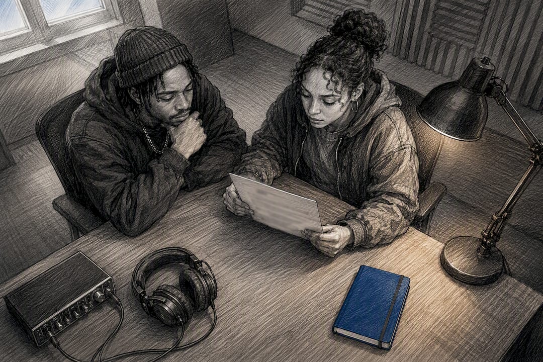 Artist and producer reviewing beat license