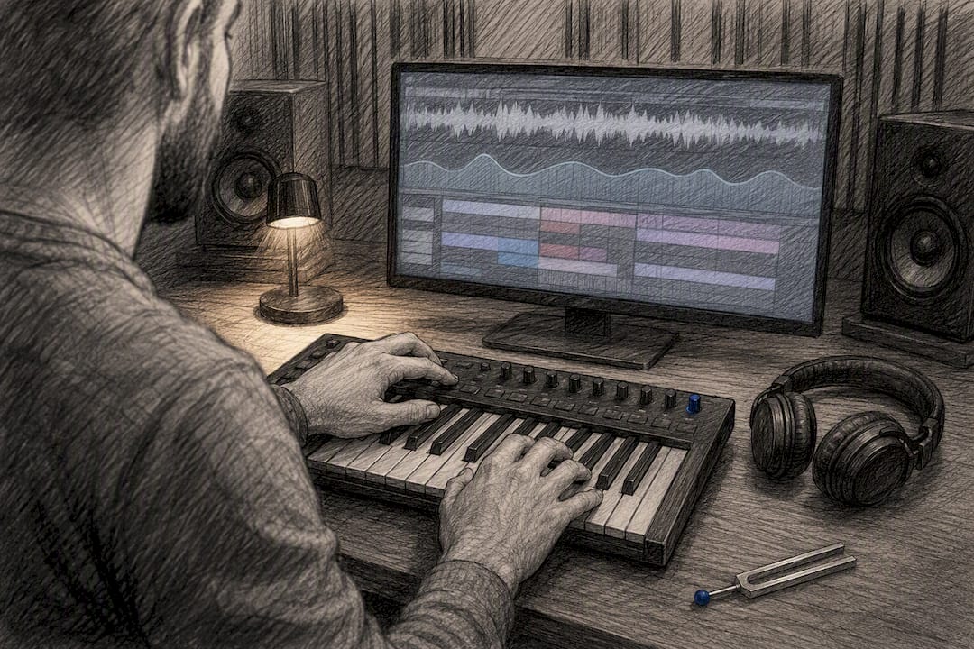Producer checking beat tempo and key in DAW