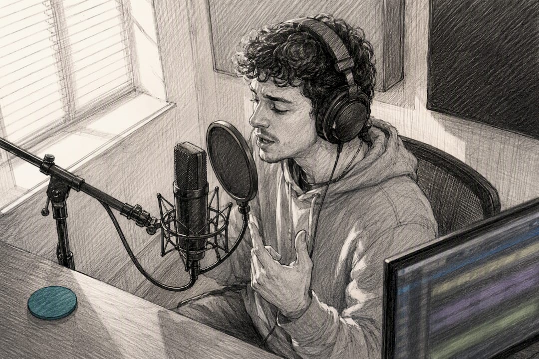 Songwriter rehearsing vocals over a beat