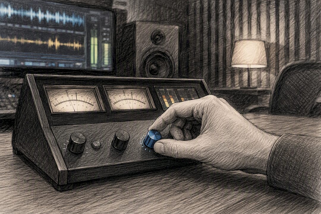 Engineer adjusting audio mastering loudness meters